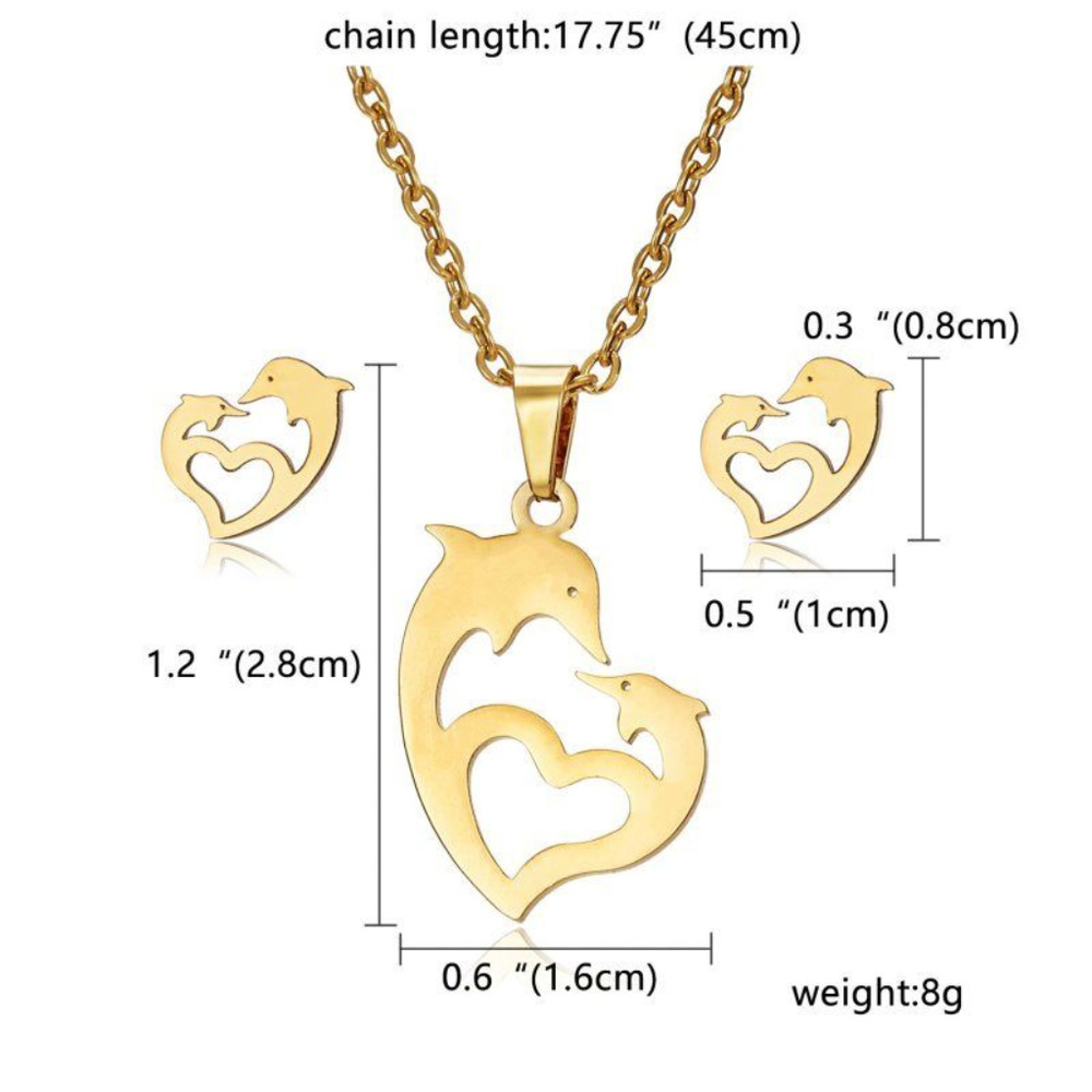Stainless Steel Hollow Dolphin Stud & Necklace Set - Picture 2 of 3